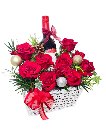 Red Rose with Wine Basket