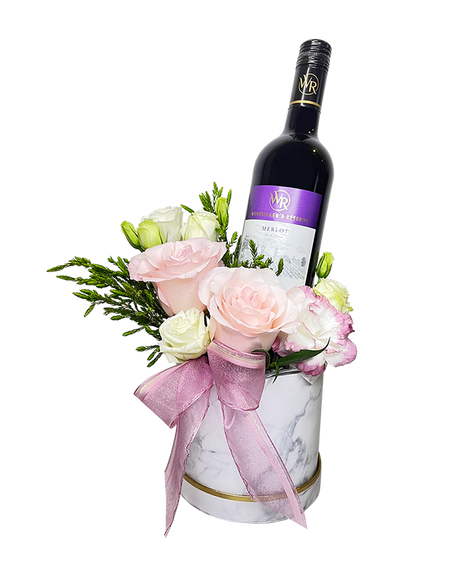Pink and White Rose Bloom Box with Wine