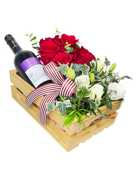 Festive Red and White Roses in Wooden Crate with Wine