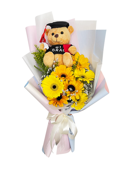 Yellow Orange Gerbera Graduation Bouquet with Big Bear