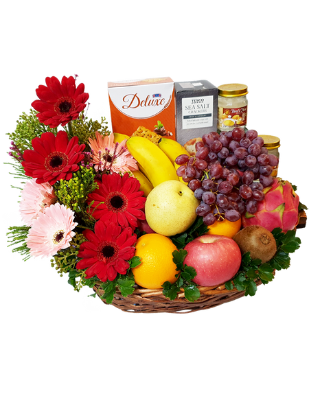 Red Gerbera Fruit Basket with Tidbits and Bird Nest