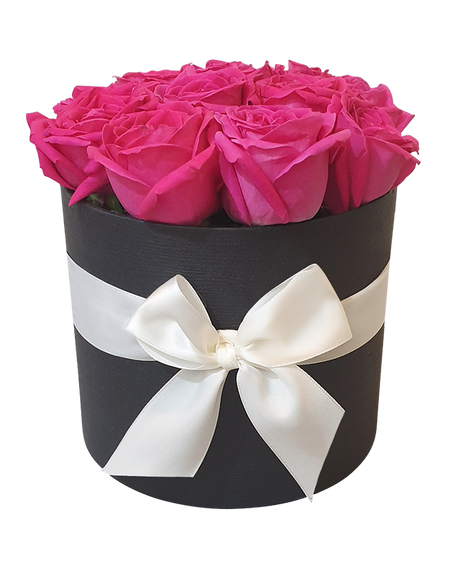 Luxurious Fuchsia Pink Fresh Rose in Round Bloom Box