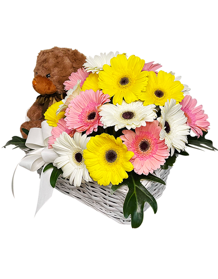 Cheerful Sunshine Baby’s Floral Basket , Hampers and Teddy Bear