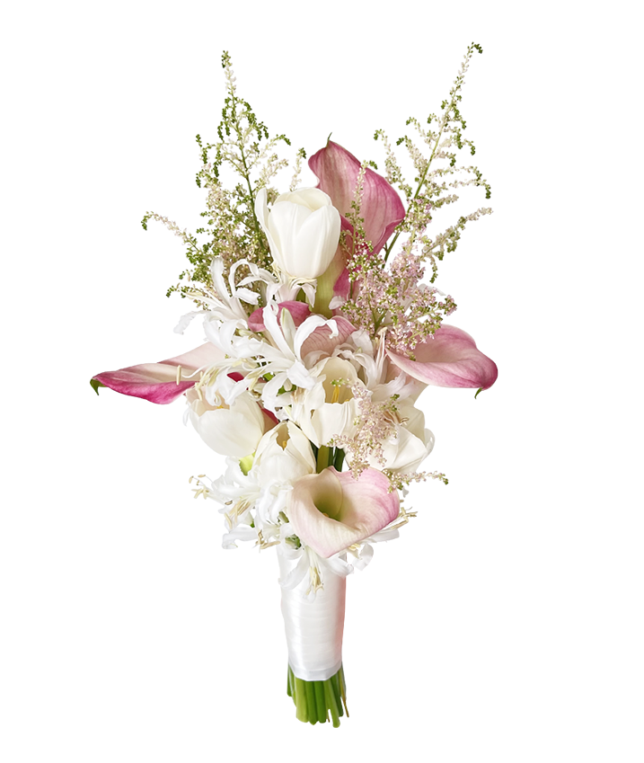 lily and tulip flower bouquet Elegant Calla Lilies and Tulip Bridal Bouquet (ROM/Wedding Bouquet) – D'Hummingbird Online Floral