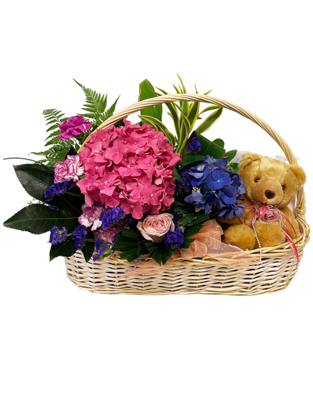 Blissful Beginnings I Baby's Floral Basket, Hamper and Teddy Bear