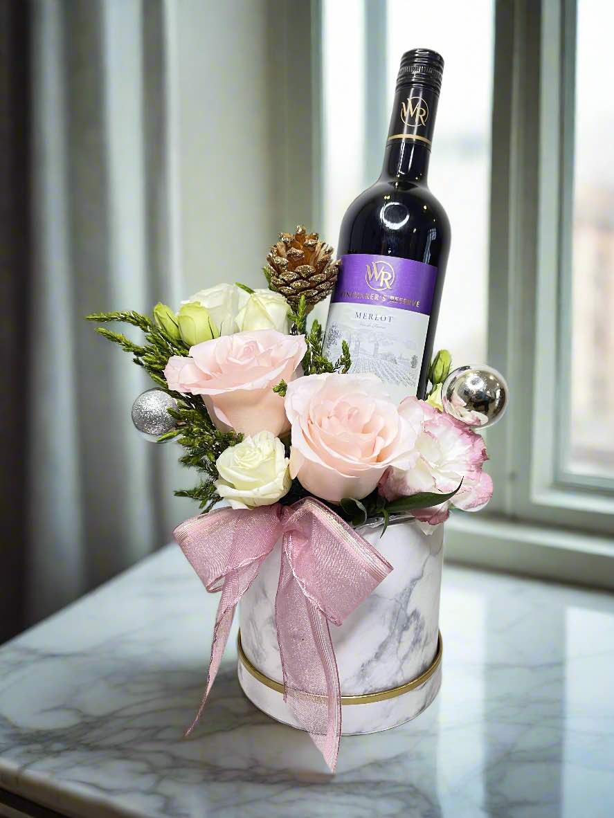 Festive Pastel Pink Bloom Box with Wine