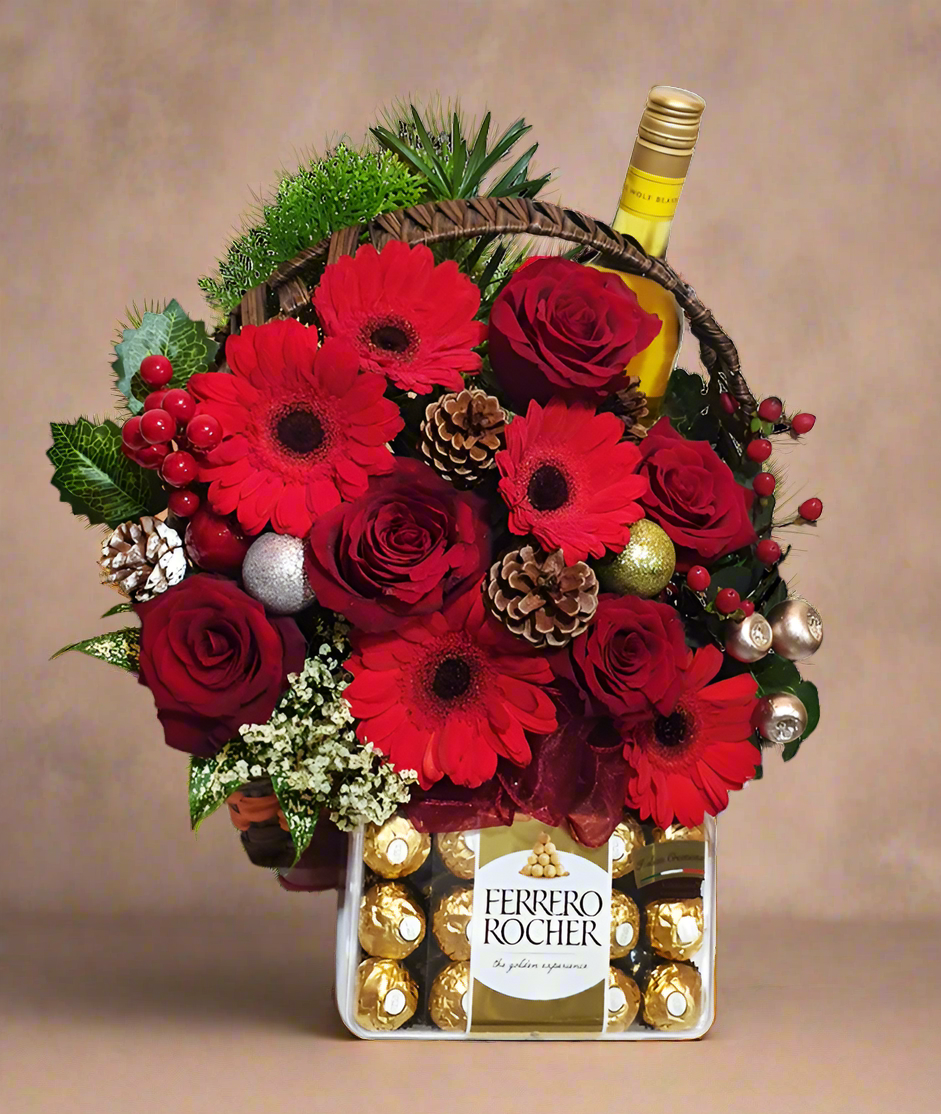 Rose Mix Christmas Basket w Wine and Chocolate