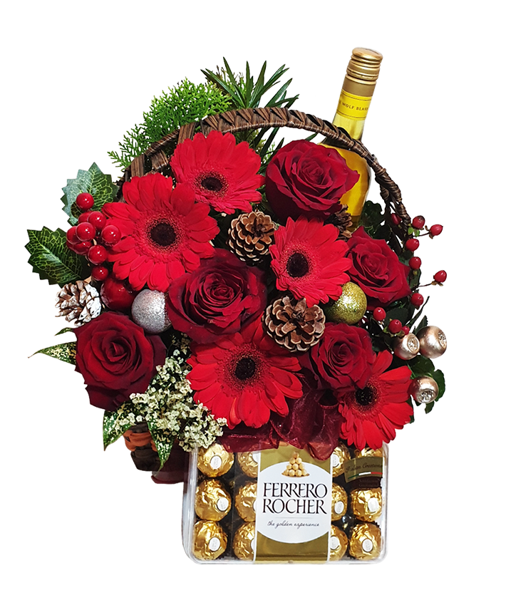 Rose Mix Christmas Basket w Wine and Chocolate