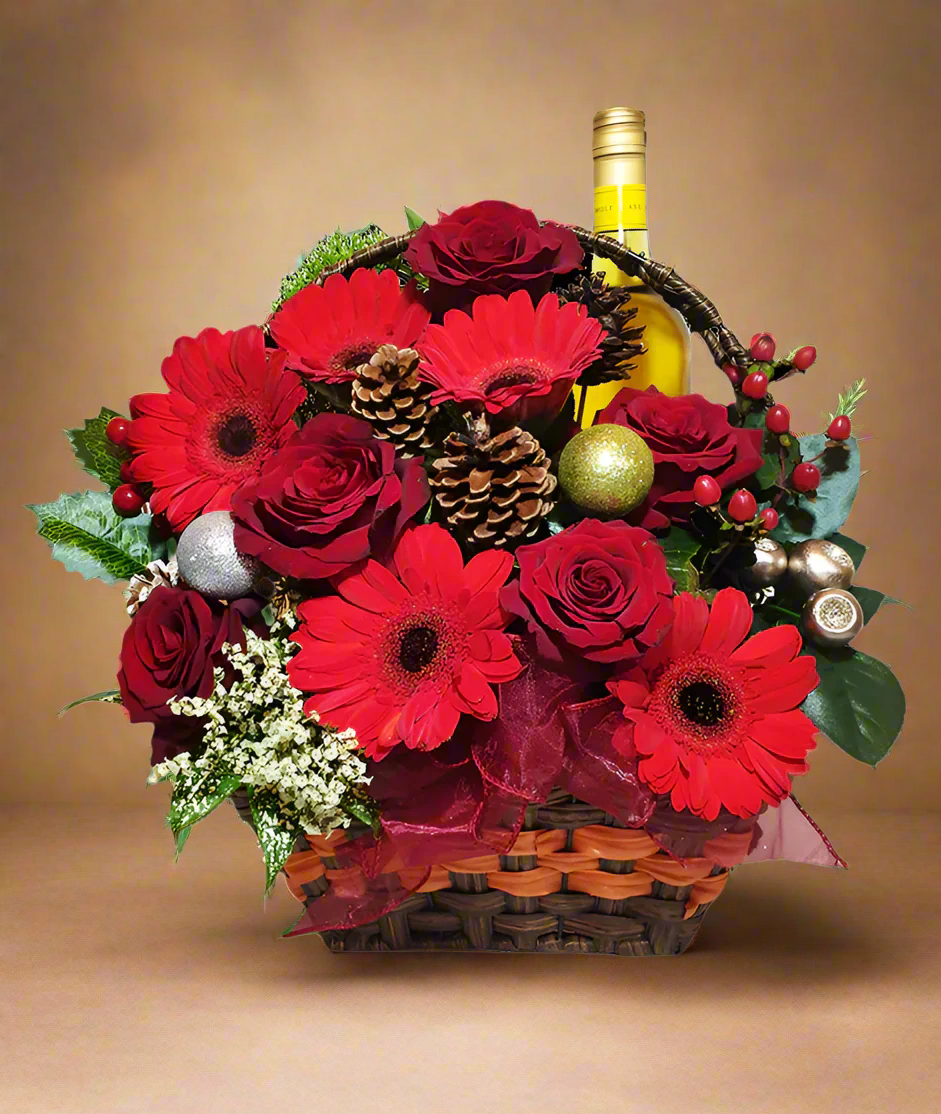 Festive Red Basket With Wine