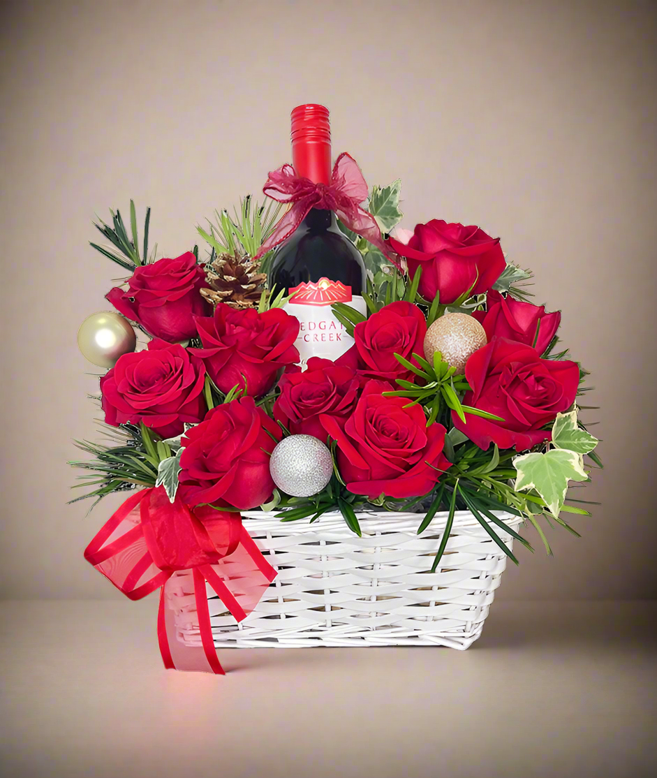 Red Rose with Wine Basket