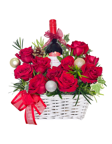 Red Rose with Wine Basket