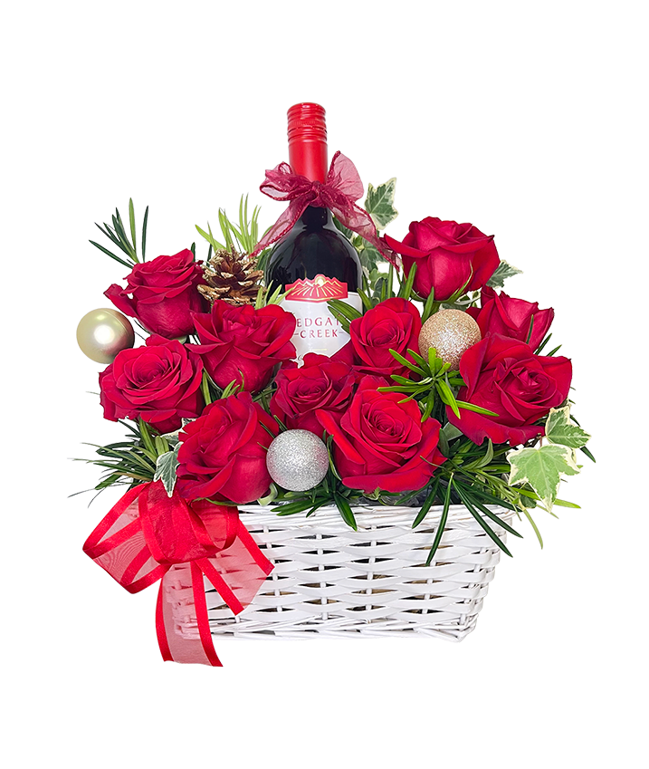 Festive Red Rose with Wine Basket