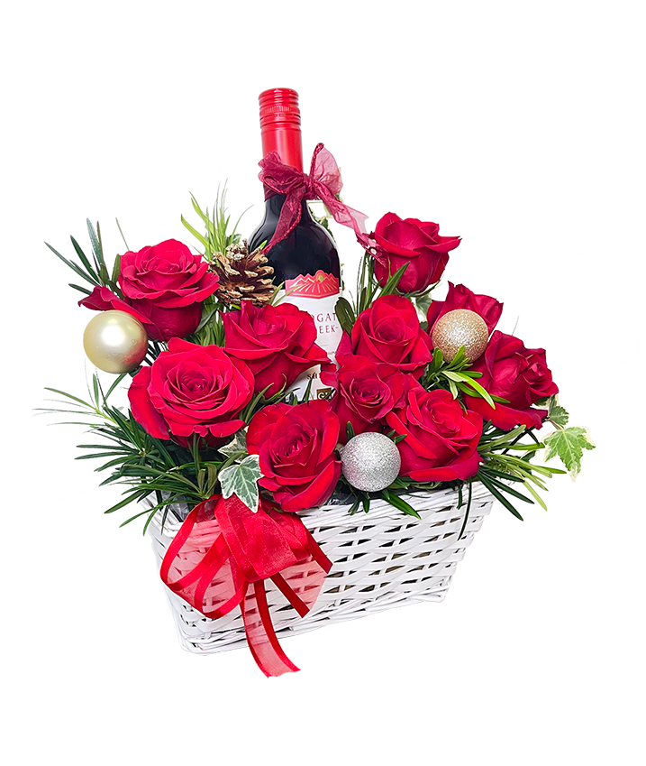Festive Red Rose with Wine Basket