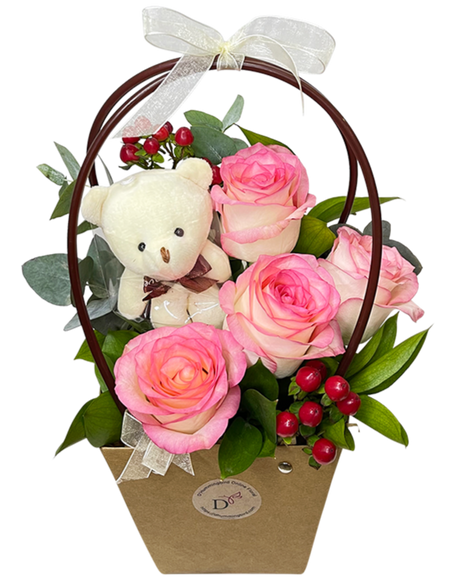 2 Tone Pink White Rose Bloom Bag w Mini Bear