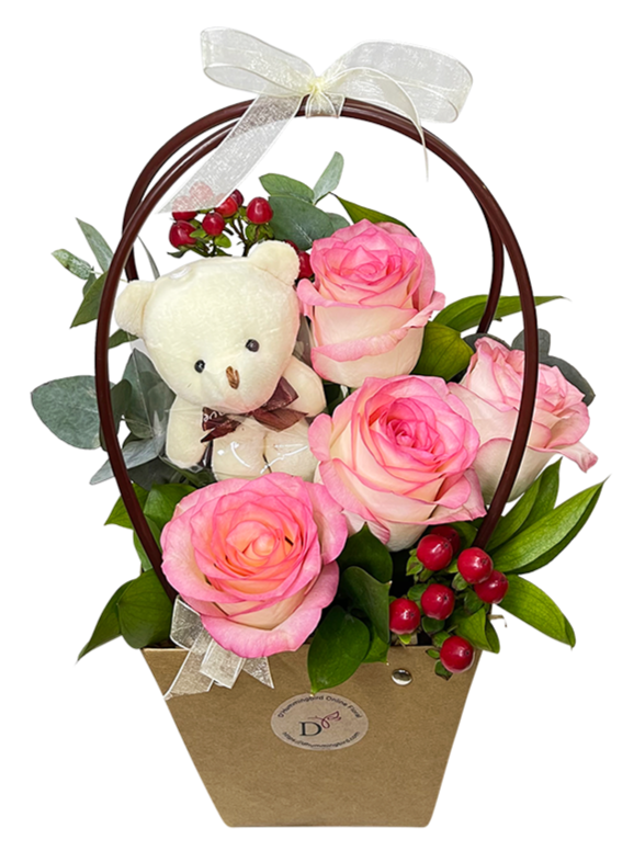 2 Tone Pink White Rose Bloom Bag w Mini Bear