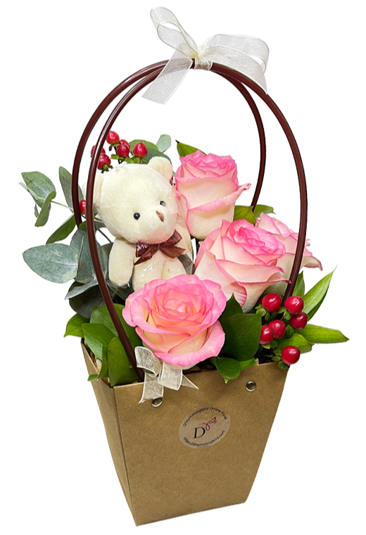 2 Tone Pink White Rose Bloom Bag w Mini Bear
