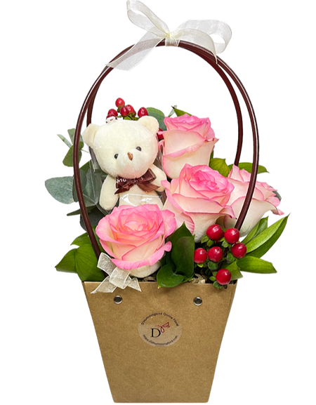2 Tone Pink White Rose Bloom Bag w Mini Bear