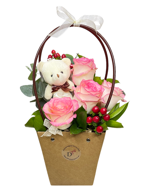 2 Tone Pink White Rose Bloom Bag w Mini Bear