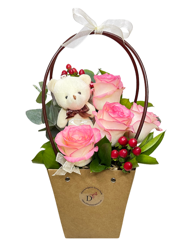 2 Tone Pink White Rose Bloom Bag w Mini Bear