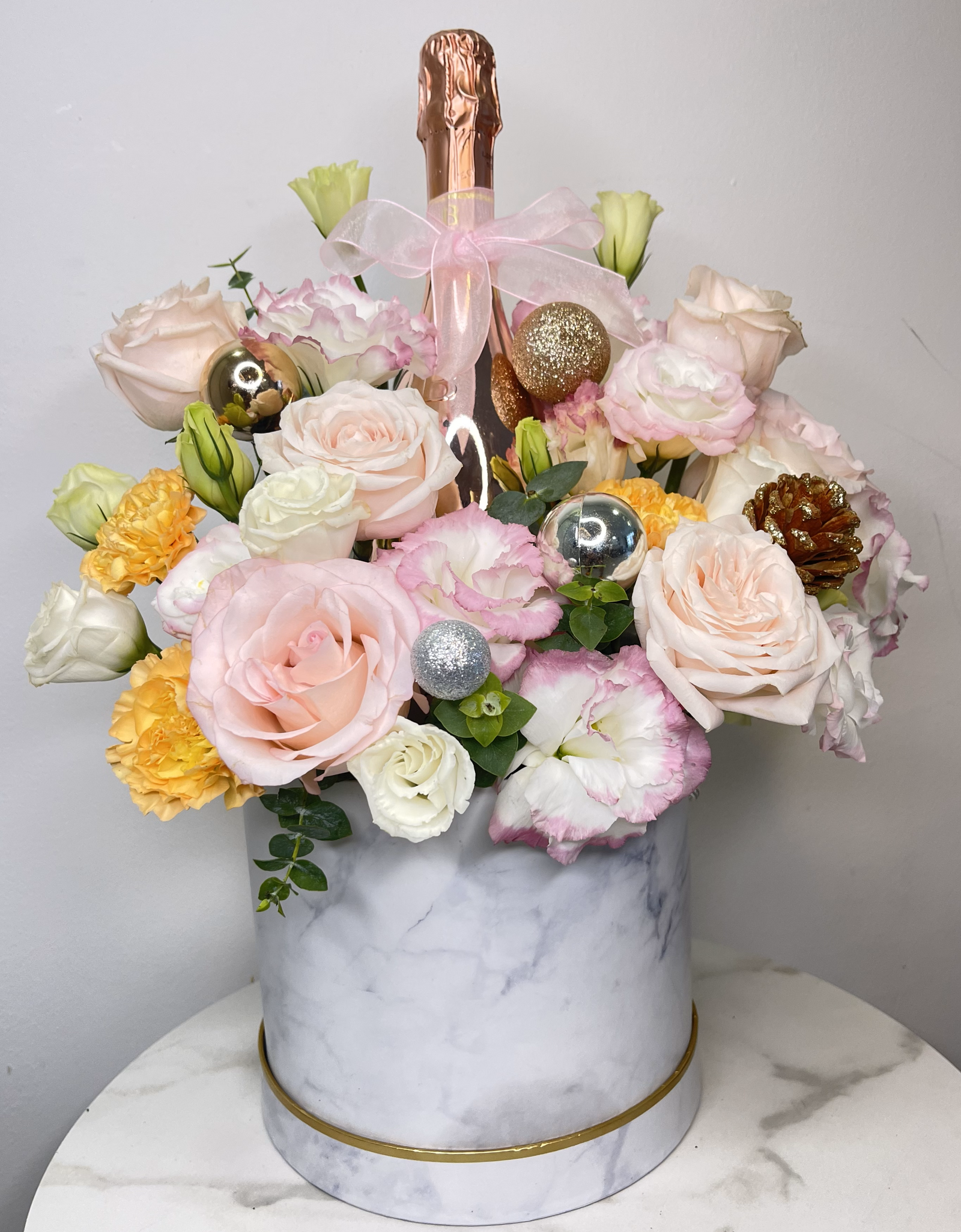 Festive Pastel Bloom Box with Bottega Rose Gold Pinot