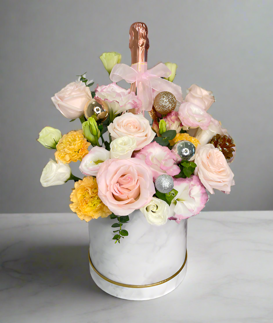 Festive Pastel Bloom Box with Bottega Rose Gold Pinot