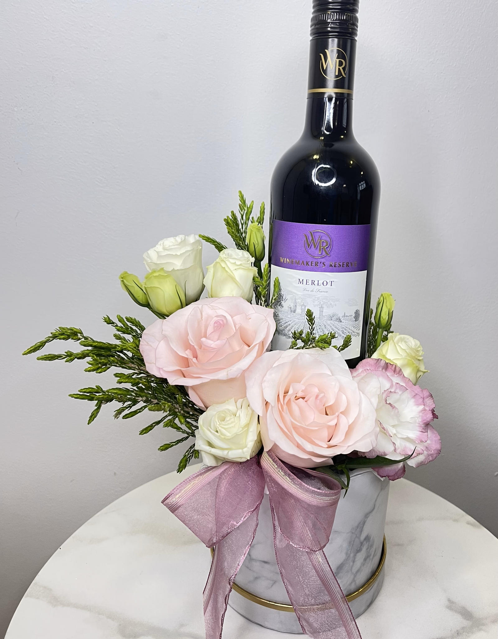 Pink and White Rose Bloom Box with Wine