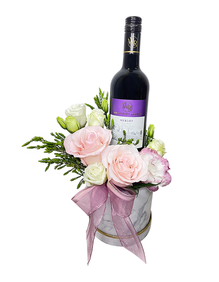 Pink and White Rose Bloom Box with Wine