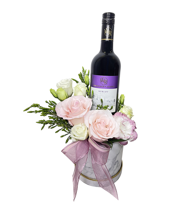 Pink and White Rose Bloom Box with Wine