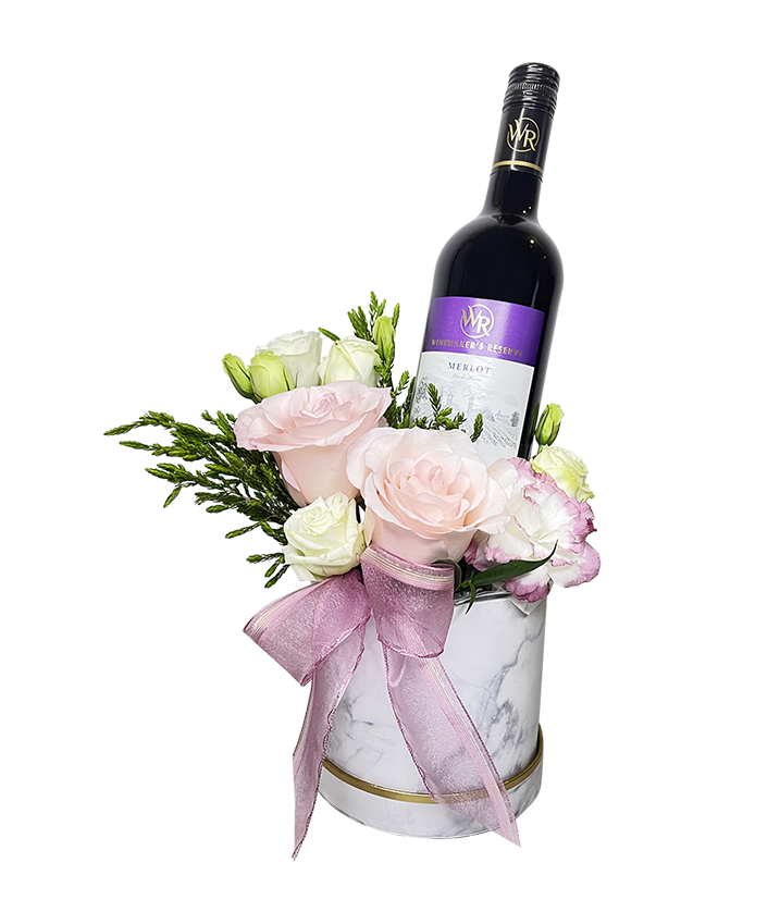 Pink and White Rose Bloom Box with Wine