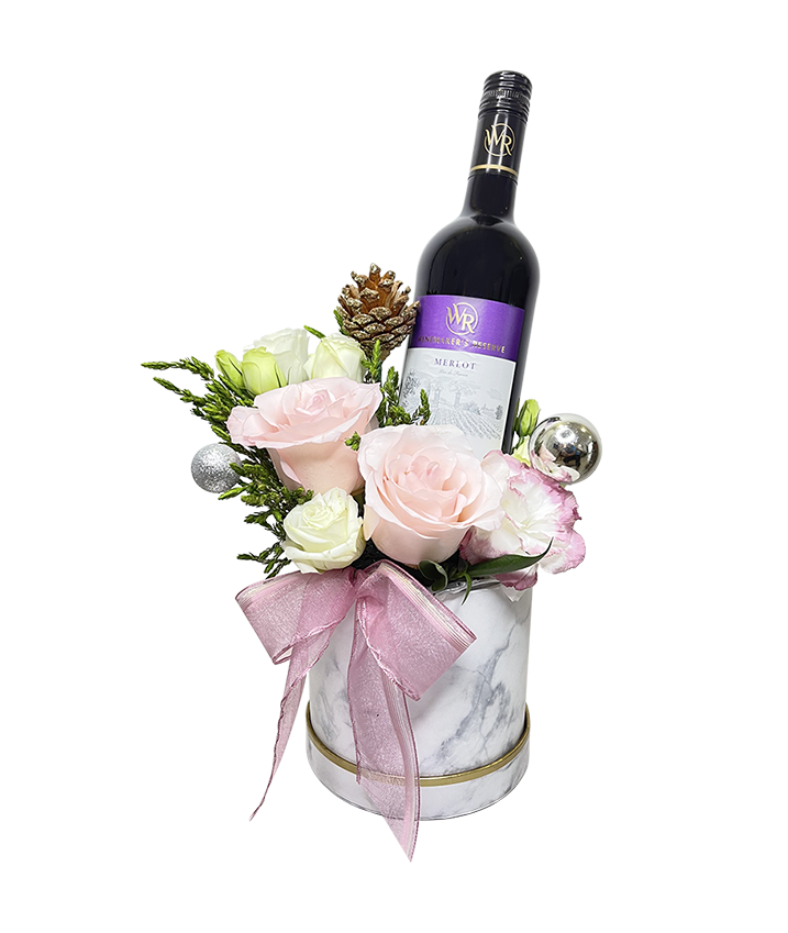 Festive Pastel Pink Bloom Box with Wine