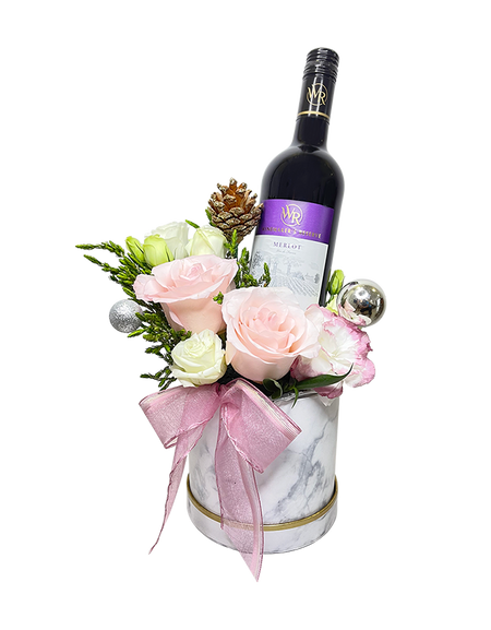 Festive Pastel Pink Bloom Box with Wine