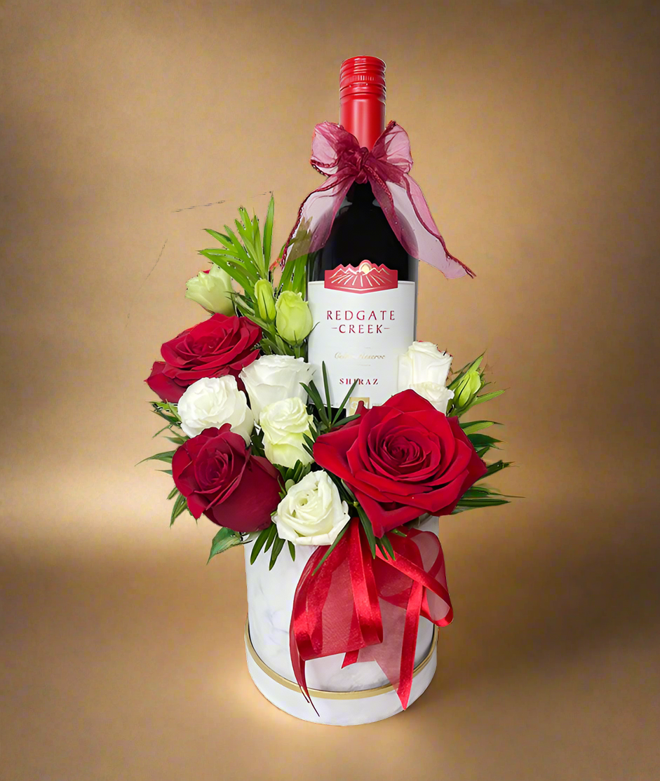 Red and White Rose Bloom Box with Wine