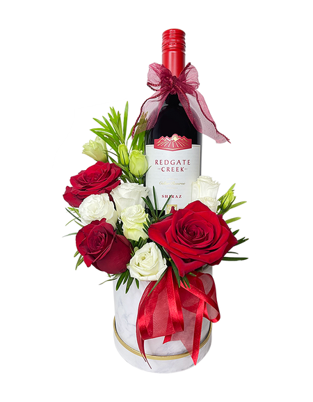Red and White Rose Bloom Box with Wine