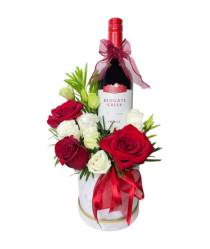 Red and White Rose Bloom Box with Wine