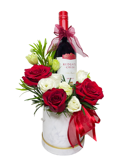 Red and White Rose Bloom Box with Wine