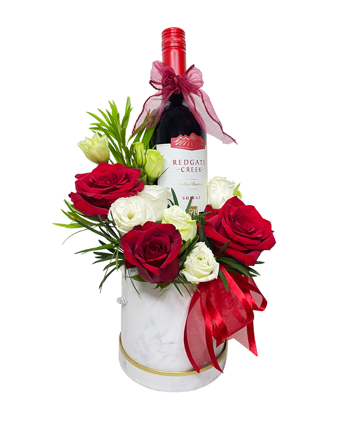 Red and White Rose Bloom Box with Wine