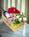 Festive Red and White Roses in Wooden Crate with Wine