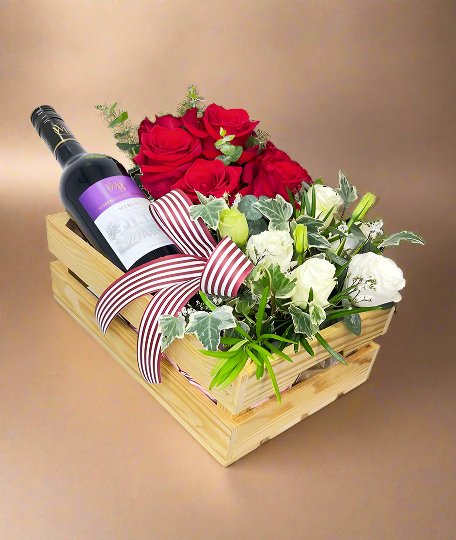 Festive Red and White Roses in Wooden Crate with Wine