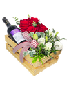 Festive Red and White Roses in Wooden Crate with Wine