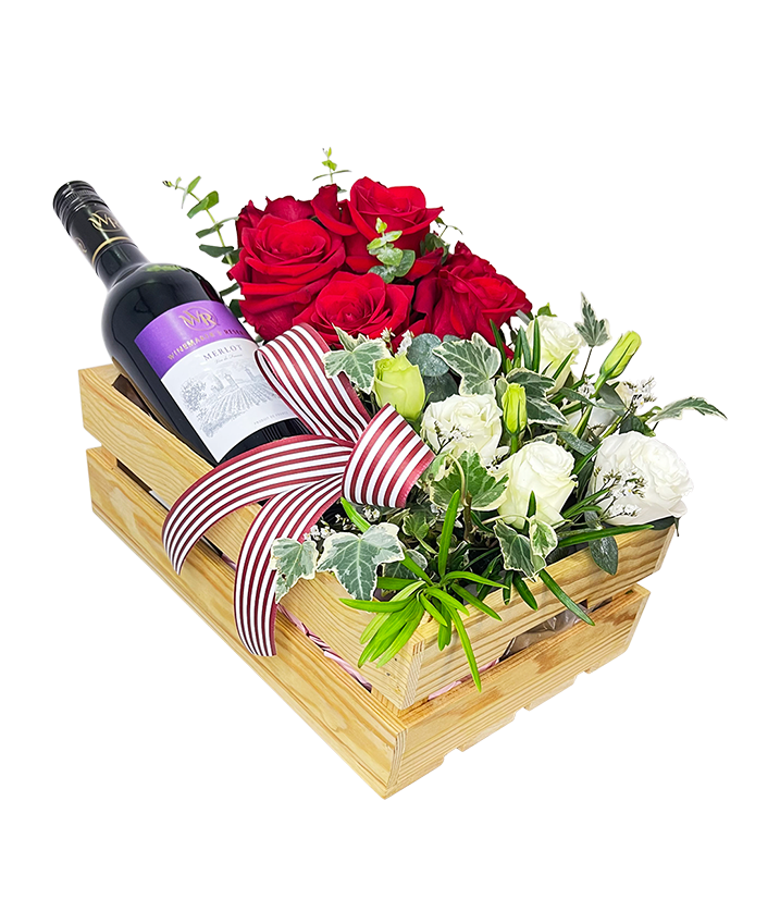 Festive Red and White Roses in Wooden Crate with Wine