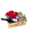 Festive Red and White Roses in Wooden Crate with Wine