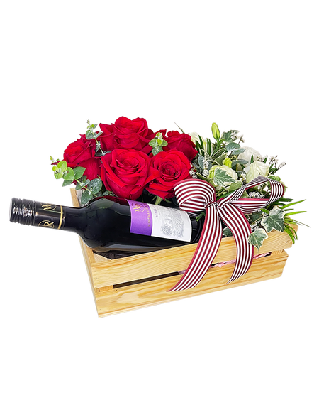 Festive Red and White Roses in Wooden Crate with Wine
