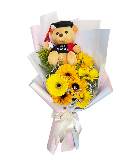 Yellow Orange Gerbera Graduation Bouquet with Big Bear