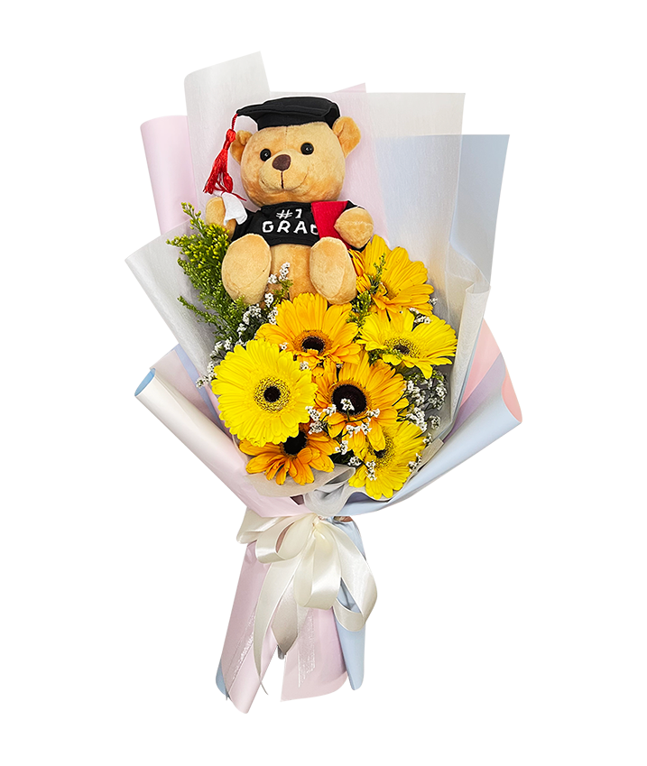 Yellow Orange Gerbera Graduation Bouquet with Big Bear