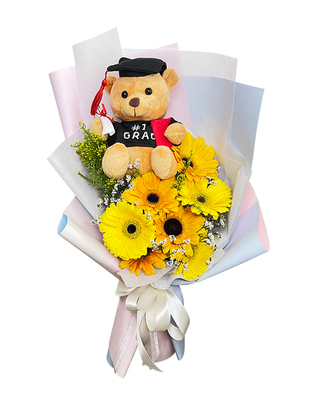 Yellow Orange Gerbera Graduation Bouquet with Big Bear