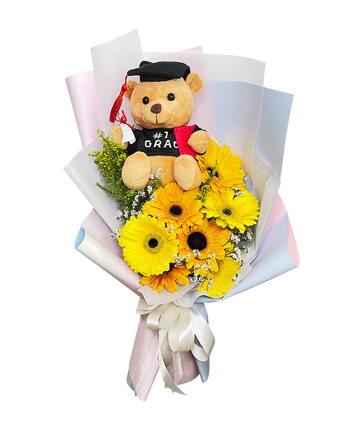 Yellow Orange Gerbera Graduation Bouquet with Big Bear
