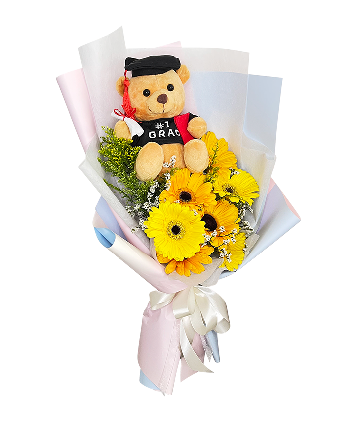 Yellow Orange Gerbera Graduation Bouquet with Big Bear