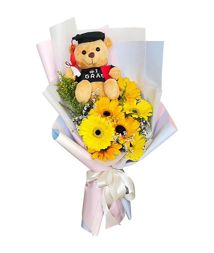 Yellow Orange Gerbera Graduation Bouquet with Big Bear