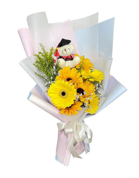 Yellow Gerbera Graduation Bouquet with Mini Bear