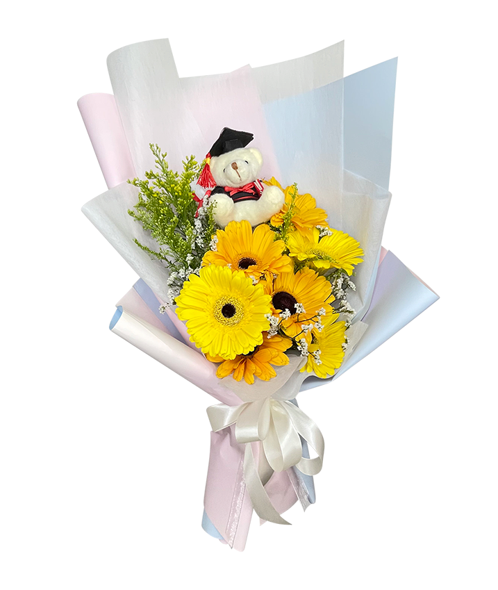 Yellow Gerbera Graduation Bouquet with Mini Bear